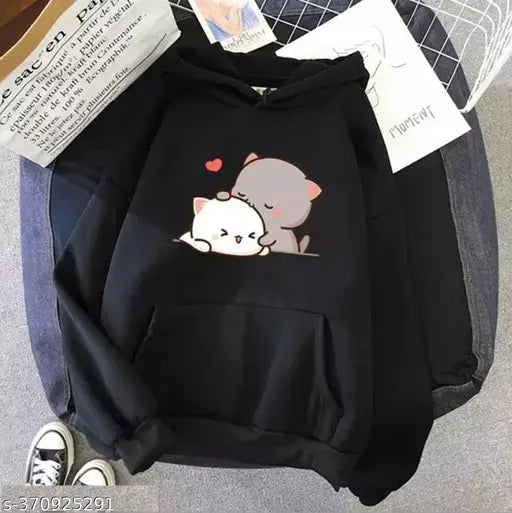 Retro cat design on solid fleece cotton blend hoodie, long sleeve for teenagers (12-16 years), made in India