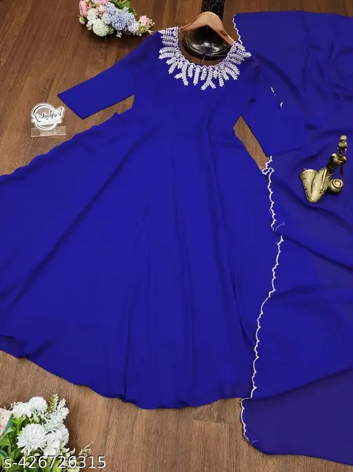Blue Georgette Anarkali Gown with embroidery, size M (38in bust, 52in length)