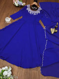 Blue Georgette Anarkali Gown with embroidery, size M (38in bust, 52in length)