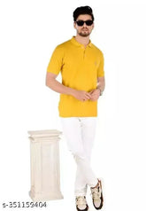 Yellow cotton blend men's polo t-shirts, short sleeves, solid pattern