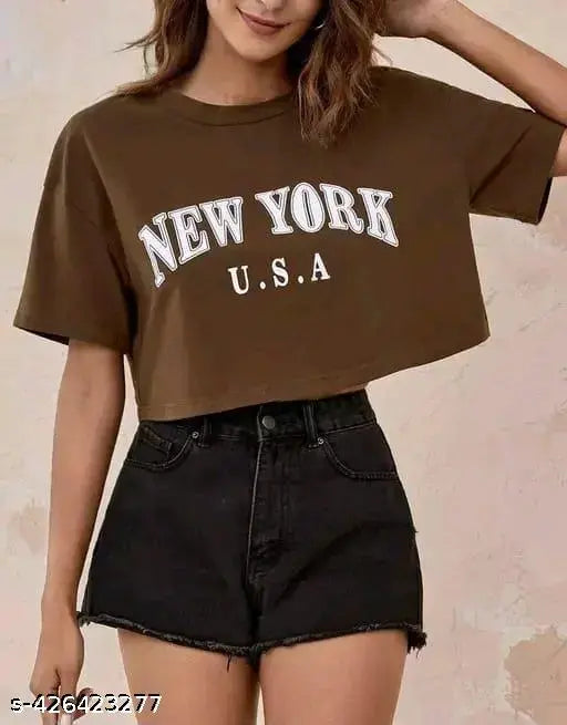 ERAWORLD Women's printed cotton blend crop top, short sleeves, XXS-XL, perfect for everyday wear and various occasions