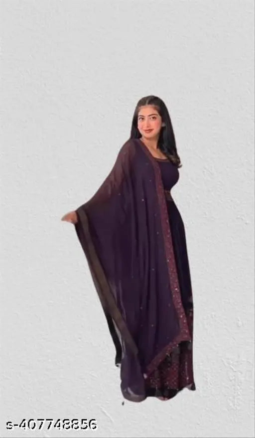 Georgette kurtaset set, embroidered net kurta with palazzos and dupatta, free size, Indian origin