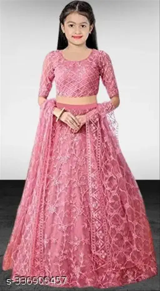 Mohini pink semi-stitched festive wedding dress for girls, embroidered net fabric with long sleeves, size 8 to 15 years