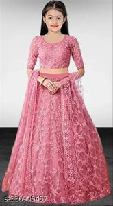 Mohini pink semi-stitched festive wedding dress for girls, embroidered net fabric with long sleeves, size 8 to 15 years