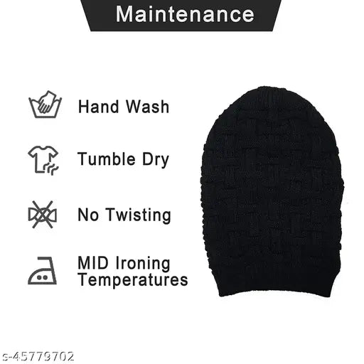 Textured black acrylic winter hat for girls, featuring an inside fur beanie (Free Size)