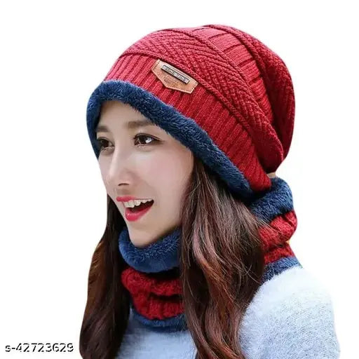 Wool winter beanie cap & neck scarf set, warm fur-lined in red for men & women, perfect for chilly weather