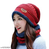 Wool winter beanie cap & neck scarf set, warm fur-lined in red for men & women, perfect for chilly weather