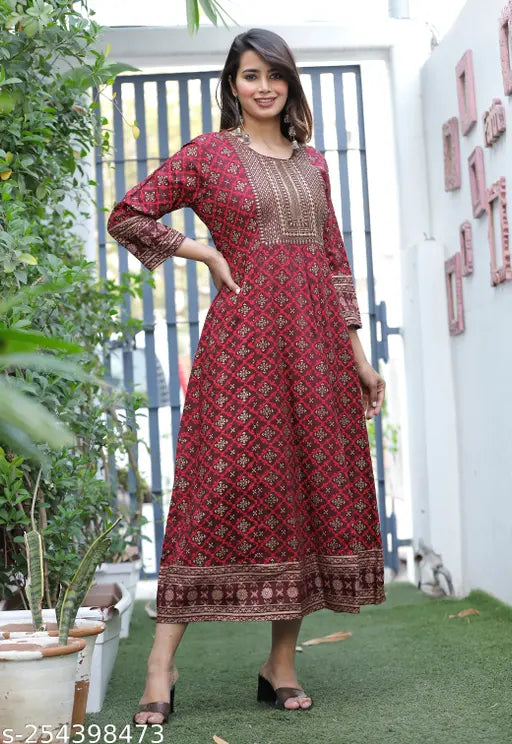 Maroon wine rayon embroidered anarkali kurta for women's casual wear, printed pattern