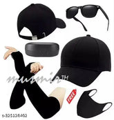 Black cotton baseball cap with full stretchable arm sleeves, Wayfarer sunglasses and free mask - Stylish men's sportswear accessories set from India