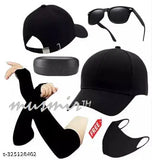 Black cotton baseball cap with stretchable arm sleeves, Wayfarer sunglasses and free mask - stylish sportswear accessories set for men, made in India