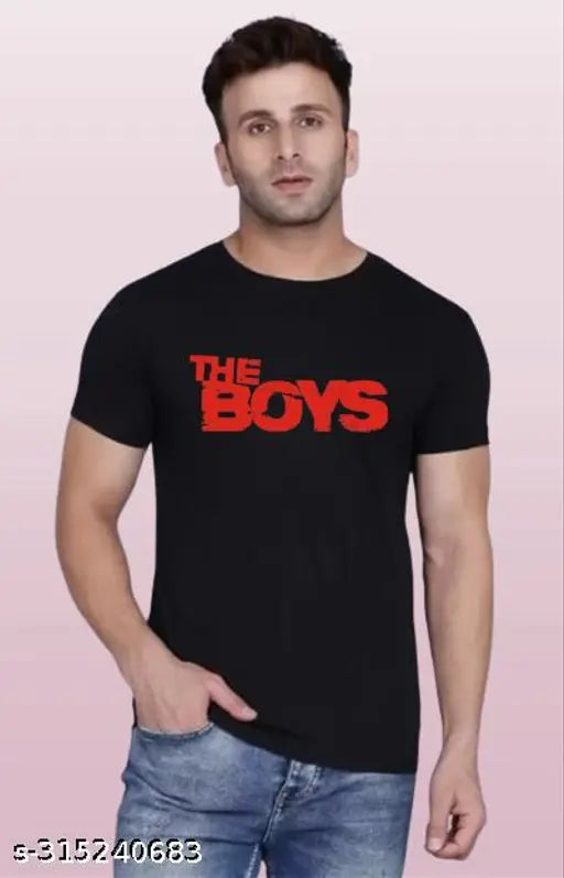 Black cotton blend men's round neck half sleeve T-shirt with printed design, ideal for casual wear and versatile fits