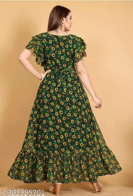 Green georgette Sonflower digital printed kurti with three-quarter sleeves, vibrant Indian fashion