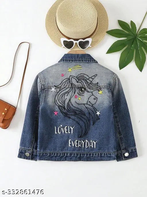 Unicorn embroidered denim jacket for kids, colorful and fun design for 4-5 years, India origin