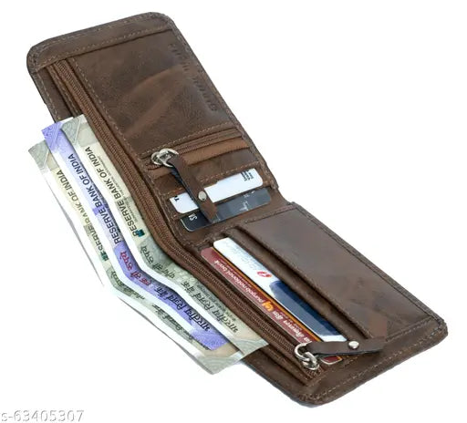 Brown artificial leather wallet, textured pattern, 3 compartments, Royal Craft Men's wallet on display