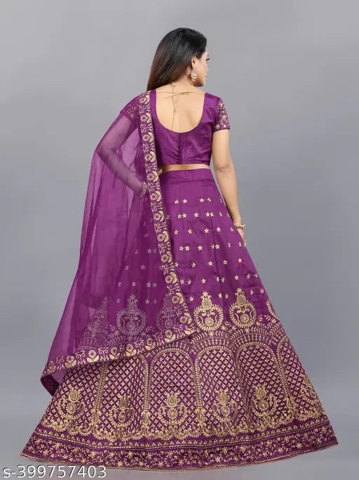 Purple Banglory semi-stitched silk blend Lehenga Choli & dupatta for girls, embroidered party wear with three-quarter sleeves