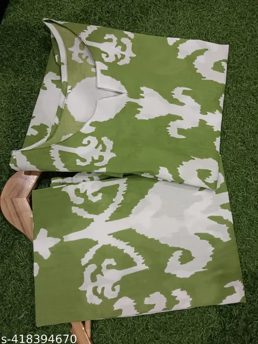 Green cotton printed night suit top & pyjama coord set for women, three-quarter sleeves, casual & comfortable wear