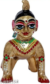 Hand-painted brass Krishna idol set (3 pcs, 312g each), Indian art for Janmashtami