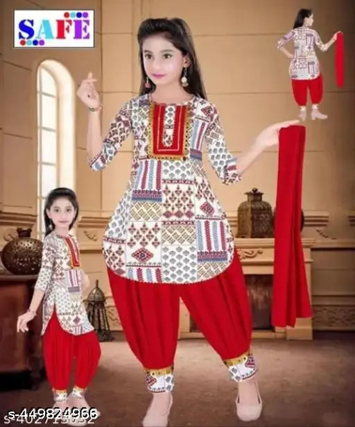 Printed cotton anarkali salwar kurta set with dupatta for girls, embellished, knee length dhoti pants, various sizes available, Indian origin