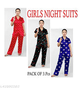 Stylish printed collar satin night suit pack of 3, women's sleepwear set with short sleeves and matching bottom pyjamas, vibrant pattern on display