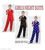 Stylish printed collar satin night suit set (pack of 3), women's lounge wear for sleep and relaxation