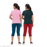 Women's & Girls 100% Cotton Blended Capri Top Set - Pack of 2, solid heart pattern for relaxing loungewear at home