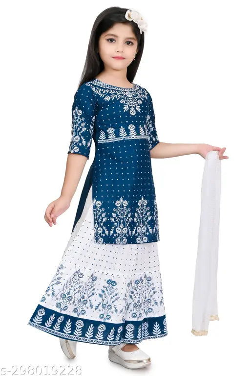 Embroidered rayon A-line skirt set for girls with dupatta, 3/4 sleeves - Indian fashion for kids (2-12 years)