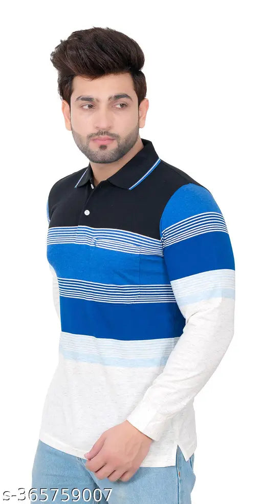 Breathable multicolor striped polycotton men's full sleeve polo shirt - comfortable, stylish, and durable casual wear