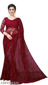 Maroon Cotton Blend Net Saree, self-design pattern, casual wear, comfortable for festival, fashion net Jacquard fabric saree, Work Saree (6.30m including 0.80m blouse pcs.)