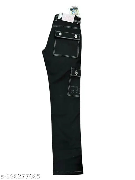 Black cotton blend dyed/washed cargo jeans with six pockets, offering a regular fit and laid-back ensemble. Machine washable, affordable denim jeans available in sizes 28, 32, and 34. Made in India