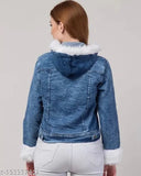 Denim fur jacket, stylish Belleza Design coat with long sleeves, solid pattern, available in sizes S-XL, made in India