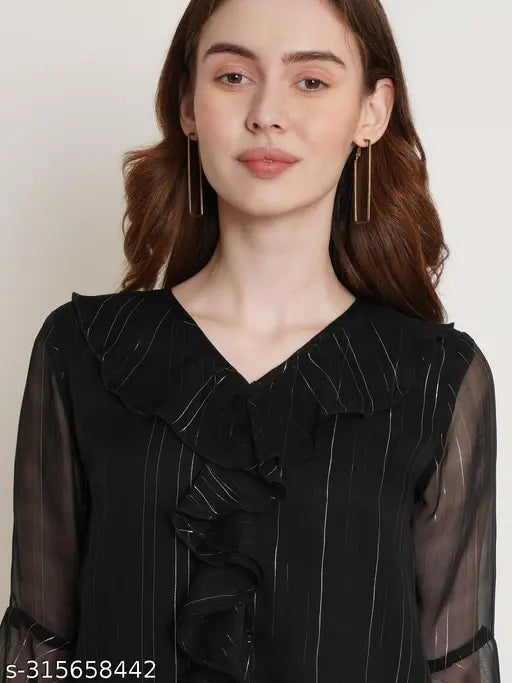 Black striped chiffon-poly ruffle sleeves top, long sleeve women's fashion from Hive91, India
