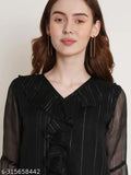 Black striped chiffon-poly ruffle sleeves top, long sleeve women's fashion from Hive91, India