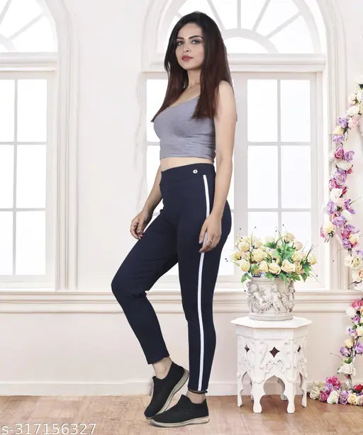 Striped Lycra jeggings for women, high waist, slip-on, ankle length. Sizes: 26-XXL, free size also available. Made in India