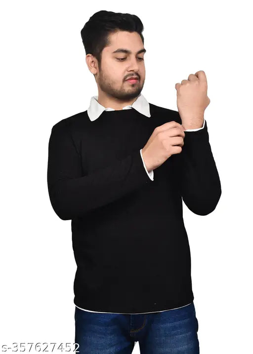 Blue cotton fancy men's full sleeve T-shirt with attached collar, long sleeves, solid pattern. Stylish everyday wear for L, XL sizes. Indian fashion collection