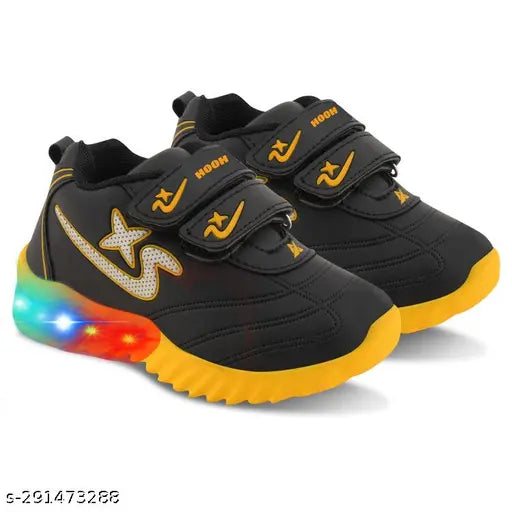 Stylish kids light Velcro blackyellow LED sports shoes for boys and girls - breathable cotton blend material, adjustable closure, ideal for night outings