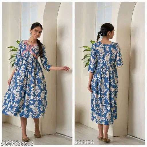 Rayon, printed Jaipuri kurtis with three-quarter sleeves, Indian fashion for women