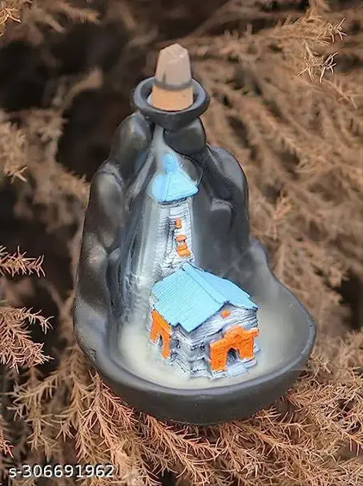Handcrafted polyresin Kedarnath miniature temple, smoke fountain incense holder idol with free cones (Indian artifact, 12cm height)