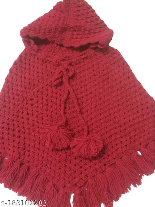 Handmade woolen sleeveless poncho for baby girls, self-design net, 0-6M, Indian craft