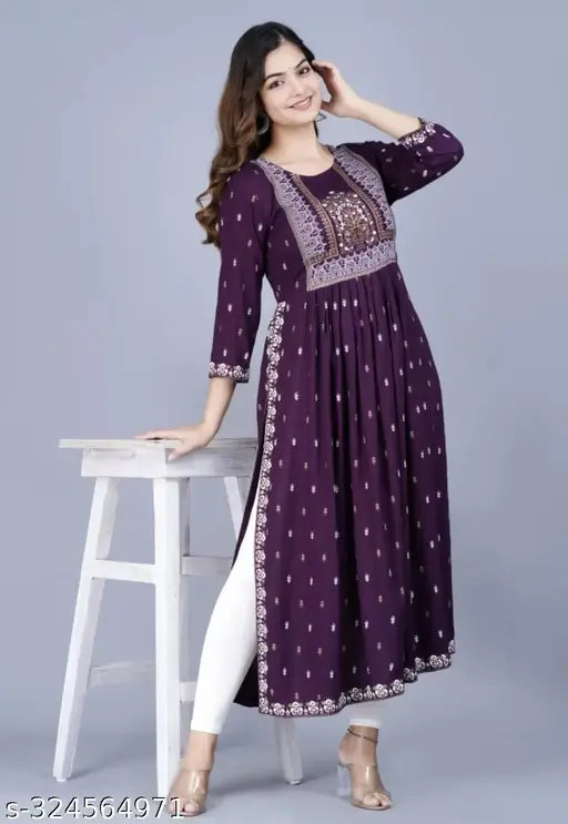 Rayon three-quarter sleeve Naira cut printed kurta in low rate and best quality for women's casual wear, fresh color combo on display