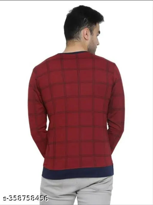 Multicolored men's cotton long-sleeve T-shirt with printed net pattern, available in sizes M, L, and XL. Made in India