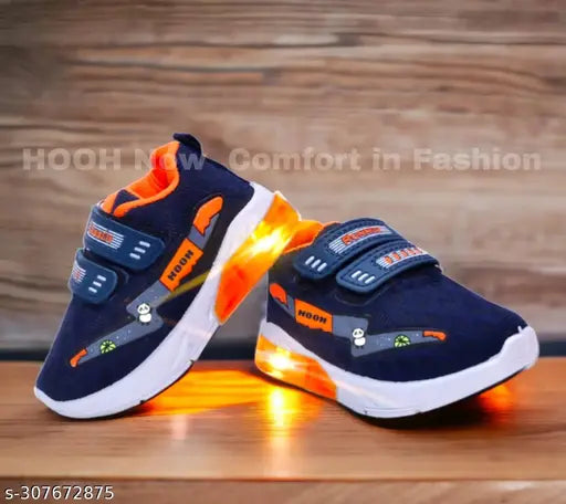 Navyblue Orange canvas and rubber LED light sneakers for kids up to 5 years, breathable and comfortable with adjustable Velcro closure