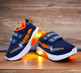 Navyblue Orange canvas and rubber LED light sneakers for kids up to 5 years, breathable and comfortable with adjustable Velcro closure