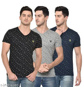 Black cotton blend Vimal Jonney quirky v-neck t-shirts pack 3, featuring patriotic prints, short sleeves, and sizes M, L, XL, XXL. Made in India