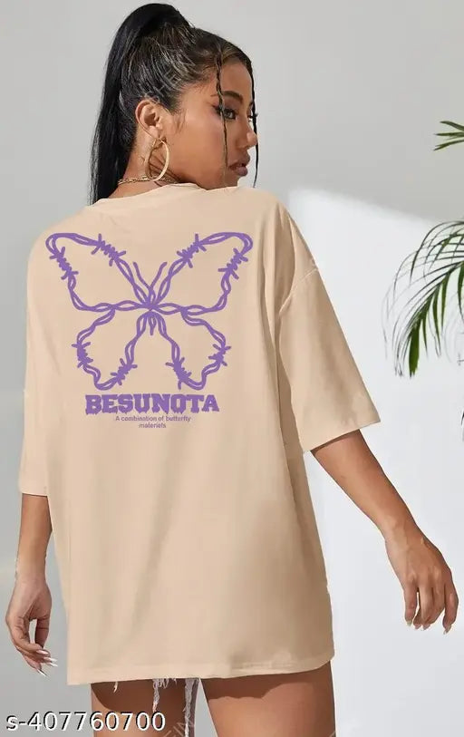 Beige oversize cotton t-shirt, baggy lavender style for women under $200. Printed net design, short sleeves. XS to XXL sizes available