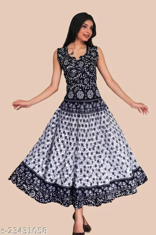 Black and white buttis-floral print midi dress, cotton sleeveless long length dress for women, value for money