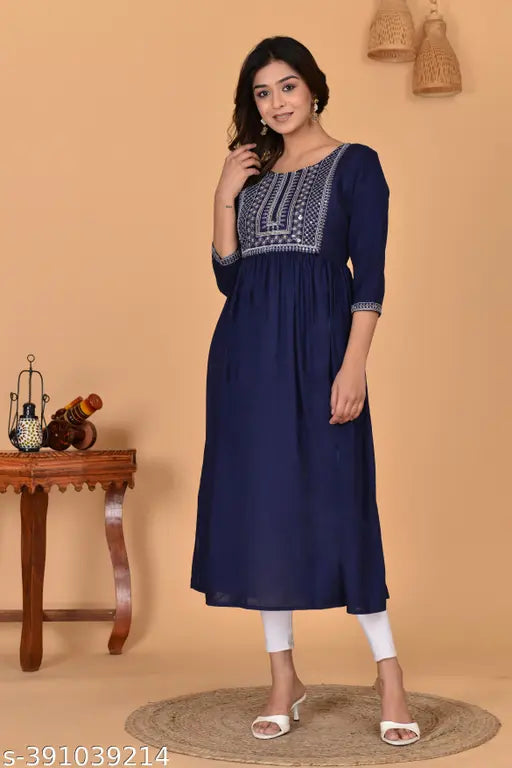 Stylish rayon Naira cut kurti, three-quarter sleeves, solid color for women