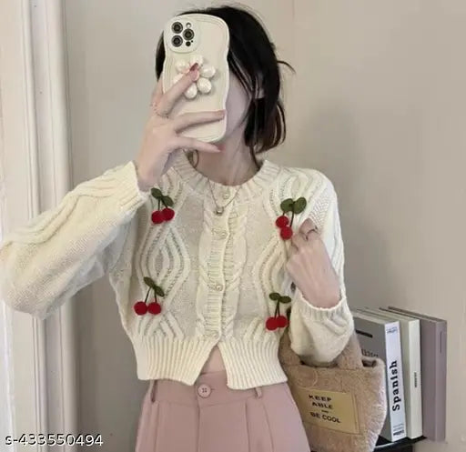 Cream wool cropped cardigan, imported winter trendy self-design with cherry embellishments