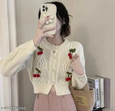 Cream wool cropped cardigan, imported winter trendy self-design with cherry embellishments