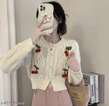 Cream wool cropped cardigan, imported winter trendy self-design with cherry embellishments