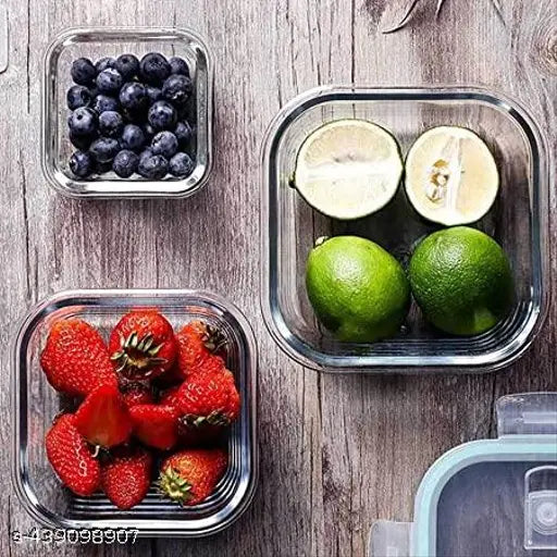 Transparent glass food storage set with 400ml, 600ml, & 800ml containers, oven-safe, microwave-safe, freezer-safe, airtight, leakproof, and multi-purpose for various kitchen needs